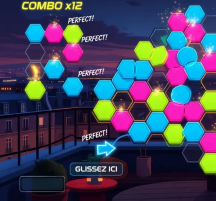 Interface de jeu colorée de PARIS OFF NIGHTS avec éléments d'arcade et puzzles